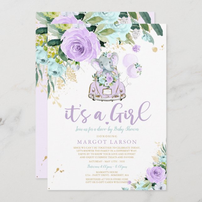 Elephant Drive By Baby Shower Invitation Purple (Front/Back)