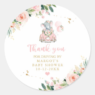 Elephant Drive By Baby Shower Pink Rose Classic Round Sticker