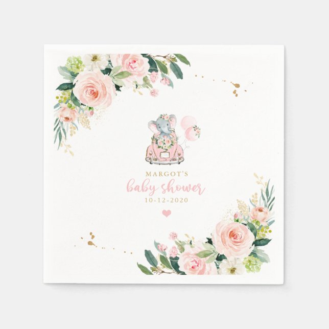 Elephant Drive By Baby Shower Pink Roses Napkin (Front)
