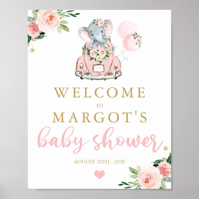 Elephant Drive By Baby Shower Pink Roses Welcome Poster (Front)