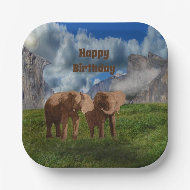 Elephant Duo Oil Paint, Birthday Paper Plates (Front)