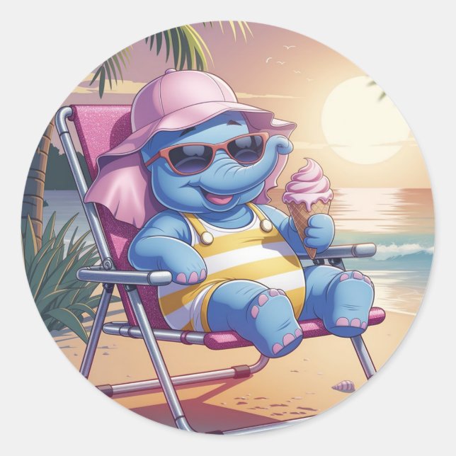 Elephant eating summer ice-cream  classic round sticker (Front)