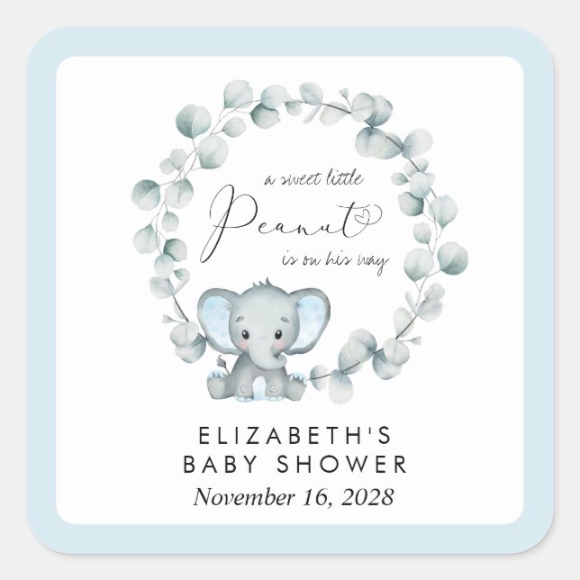 Elephant Eucalyptus Baby Boy Shower Square Sticker (Front)