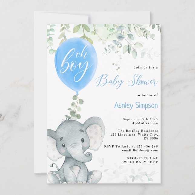 Elephant eucalyptus balloon Oh boy baby shower Invitation (Front)
