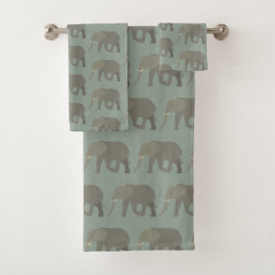 Elephant Exotic Animal Pattern Sage Green  Bath Towel Set