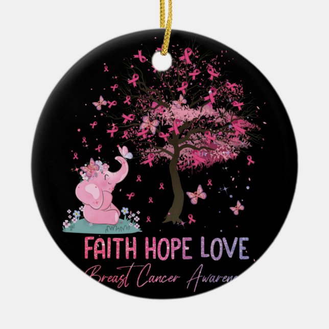 Elephant  Faith Hope Love Breast Cancer Awareness Ceramic Tree Decoration (Front)