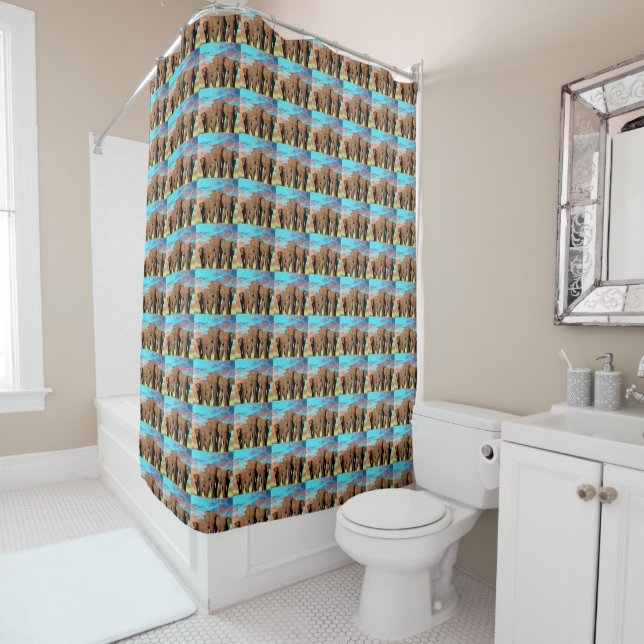 Elephant Family At Sunrise Pattern, Shower Curtain (In Situ)