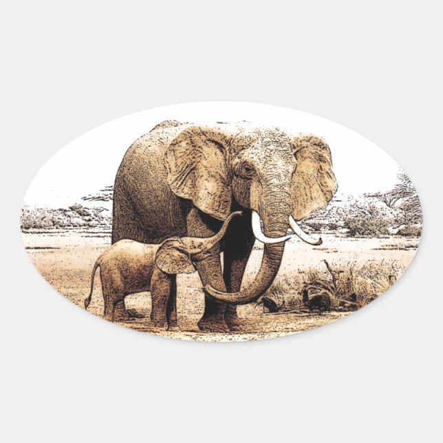 Elephant Family Oval Sticker (Front)