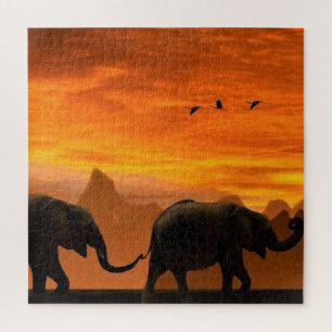 Elephant Family Puzzle Sunset