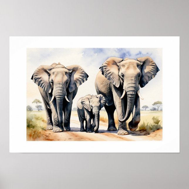 Elephant Family Watercolor Wildlife Art Poster (Front)