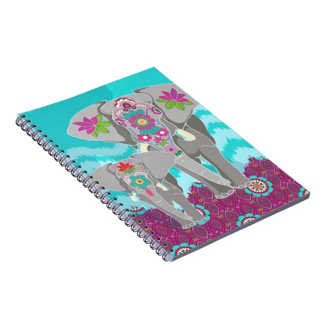 Elephant Festival Notebook - turquoise Ikat (Right Side)
