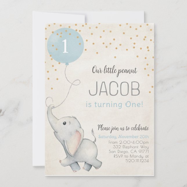 Elephant First Birthday Baby Shower Invitation (Front)