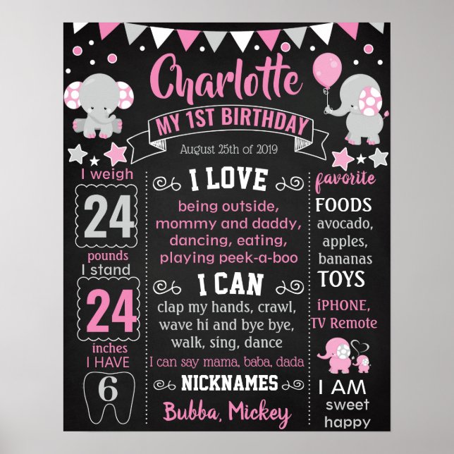 Elephant First Birthday chalkboard sign (Front)