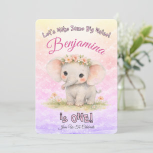 Elephant First Birthday Make Some Big Noise Girl Invitation