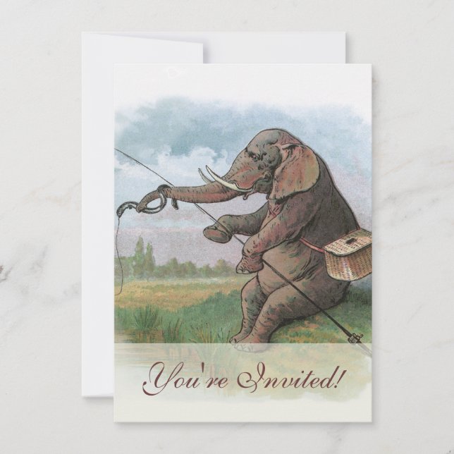 Elephant fisherman fishing Illustration Invitation (Front)