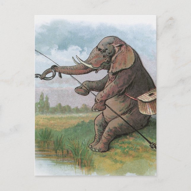 Elephant fisherman fishing Illustration Postcard (Front)
