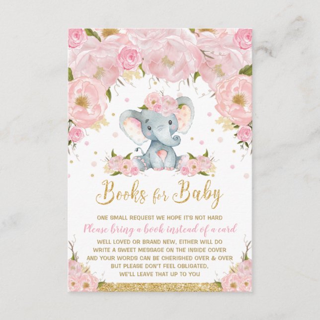 Elephant Floral Baby Shower Bring a Book Baby Girl Enclosure Card (Front)
