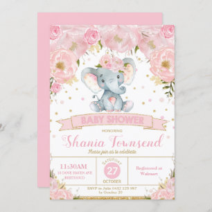 Elephant Floral Baby Shower Invitation Girl