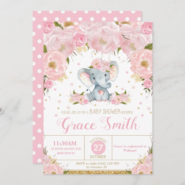 Elephant Floral Baby Shower Invitation Girl (Front/Back)