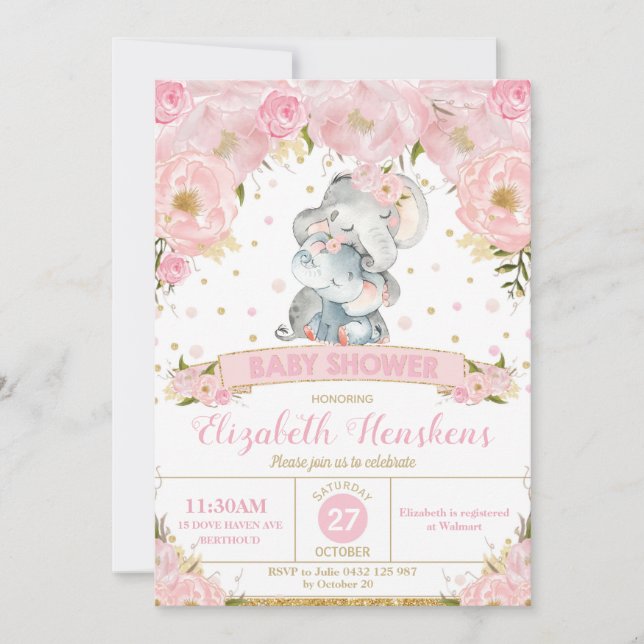 Elephant Floral Baby Shower Invitation Girl (Front)