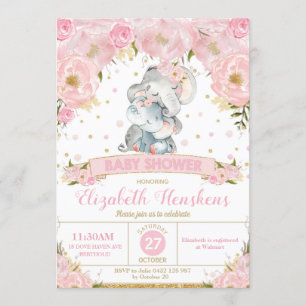 Elephant Floral Baby Shower Invitation Girl