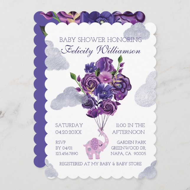 Elephant Floral Balloons Baby Shower Invitation (Front/Back)