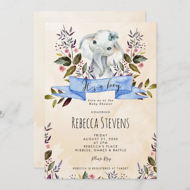 Elephant floral boy baby shower invitation (Front/Back)