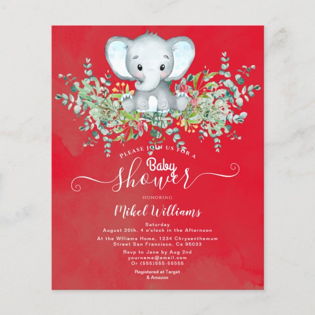 Elephant Floral Eucalyptus Baby shower Invitations Flyer (Front)