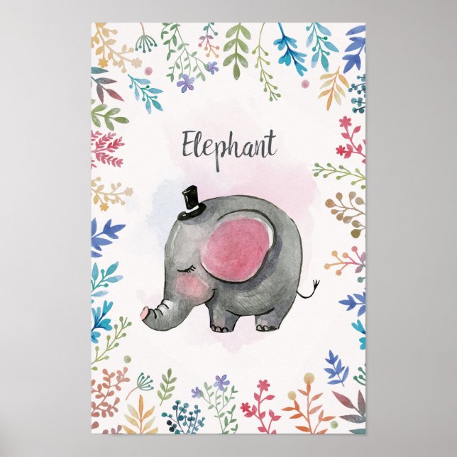 Elephant floral frame watercolor poster (Front)