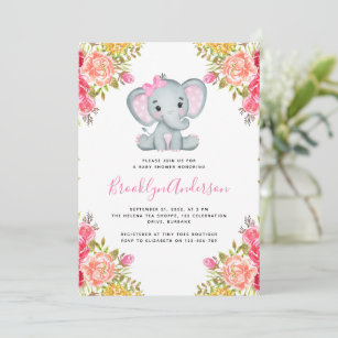 Elephant Floral Girl Baby Shower Invitation