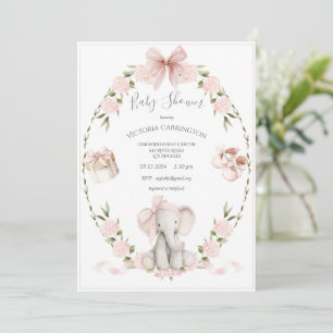 Elephant Floral Hydrangeas Pink Girl Baby Shower Invitation