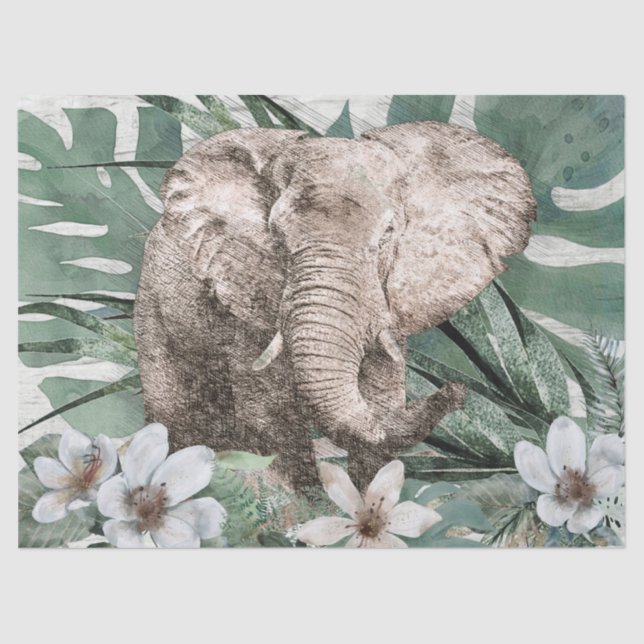Elephant Floral Tropical Palm Watercolor Tissue Paper (Front)