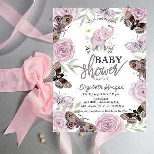 Elephant Flowers Butterflies Pink Baby Shower   Invitation