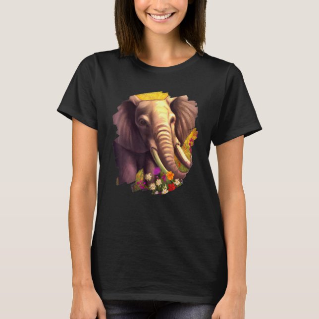 Elephant Flowers Cute Painting Flower Elephant T-Shirt (Front)
