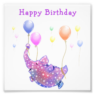 Elephant Flying Balloons Baby Birthday Photo Print