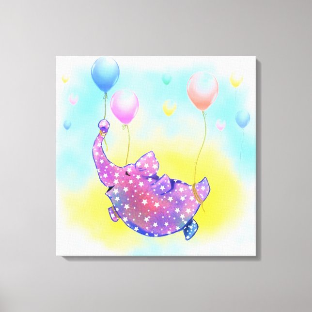 Elephant Flying with Balloons Canvas Print (Front)