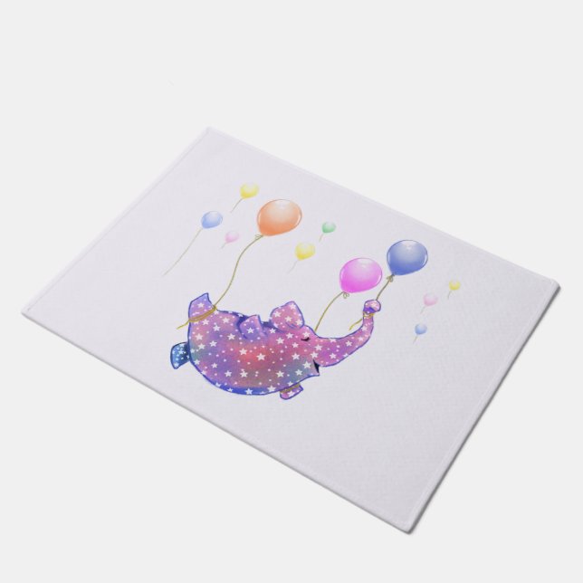 Elephant Flying with Balloons Funny Doormat (Angled)