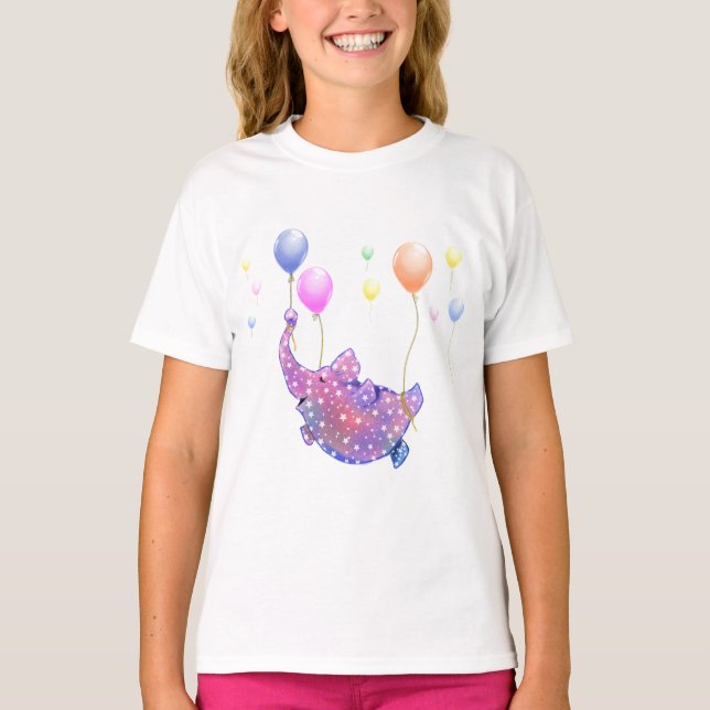 Elephant Flying with Balloons Funny T-Shirt (Front)