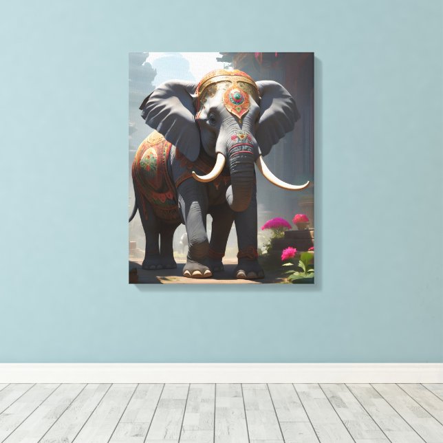 Elephant Folk Art Painting Canvas Print (Insitu(Wood Floor))