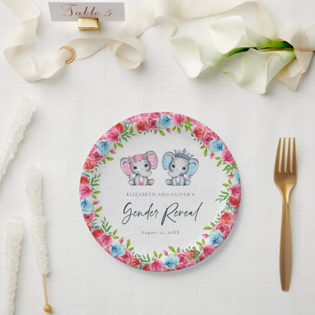 Elephant Gender Reveal Baby Shower Blue and Pink  Paper Plate (Wedding)