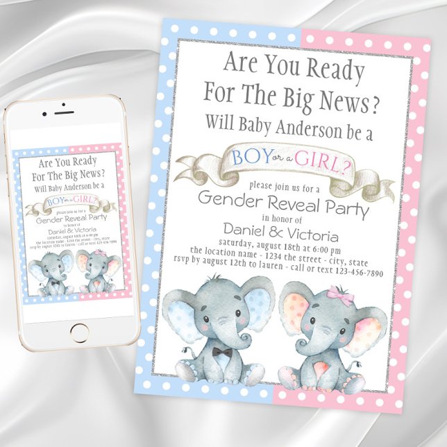 Elephant Gender Reveal Baby Shower Invitations (Elephant Gender Reveal Baby Shower Invitations. Instant Download and printed invitations available.)