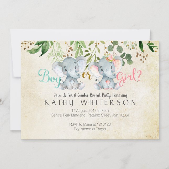 Elephant gender reveal Invitation Greneery (Front)