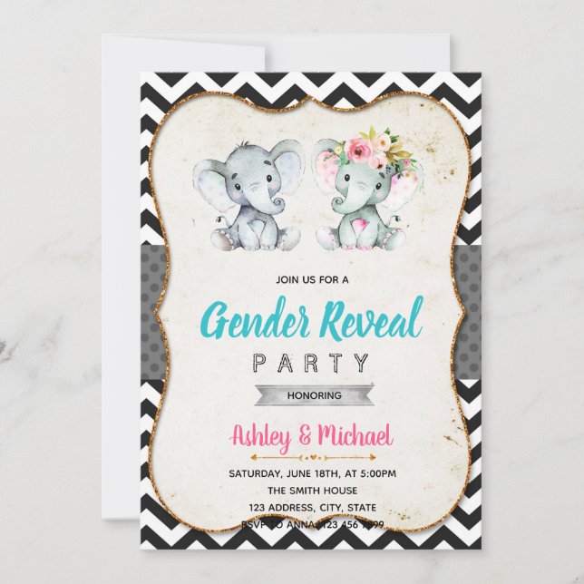 Elephant gender reveal party invitation (Front)