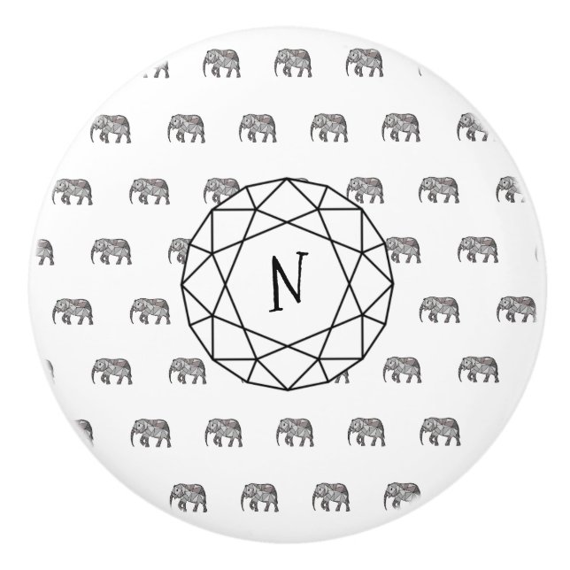 Elephant Geometric Monogram Black and White Ceramic Knob (Front)