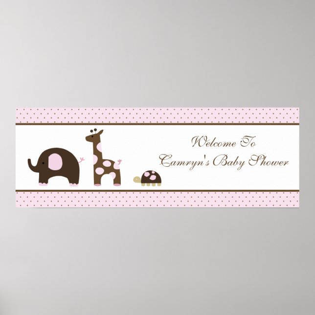 Elephant & Giraffe in pink Baby Shower Banner Poster (Front)