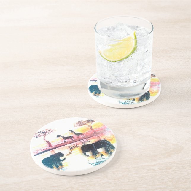 Elephant, Giraffe Safari Sunset Art Coaster (Side)
