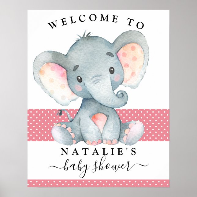 Elephant Girl Baby Shower Pink Welcome Sign Poster (Front)