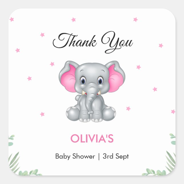 Elephant Girl Baby Shower Thank You  Square Sticker (Front)