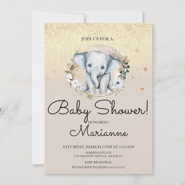  Elephant Girl Boy Baby Shower Faux Gold Glitter  Invitation (Front)