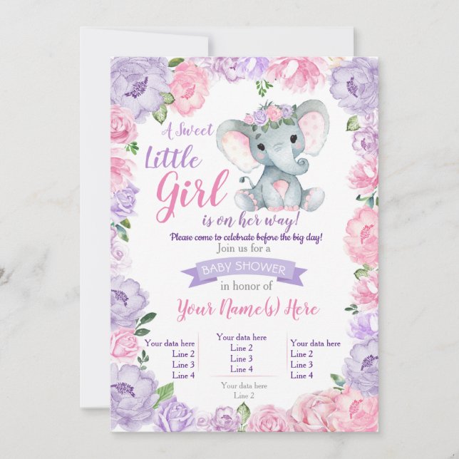 Elephant Girl Invitation rustic, purple pink (Front)